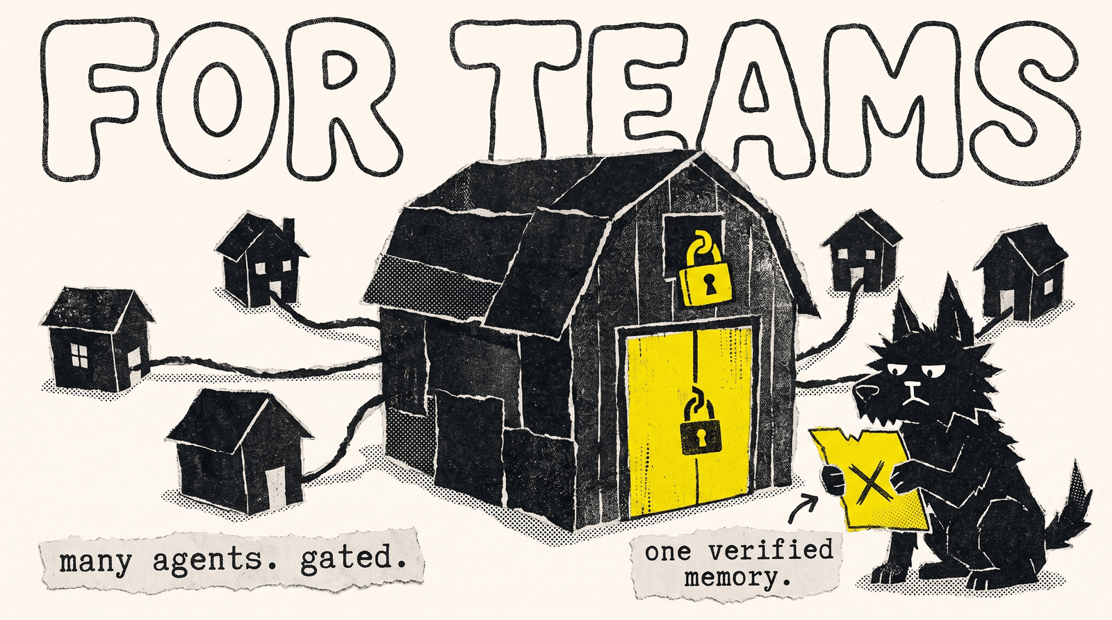 Rex guarding a shared homestead vault behind a team gate, everyone's notes verified before they enter.