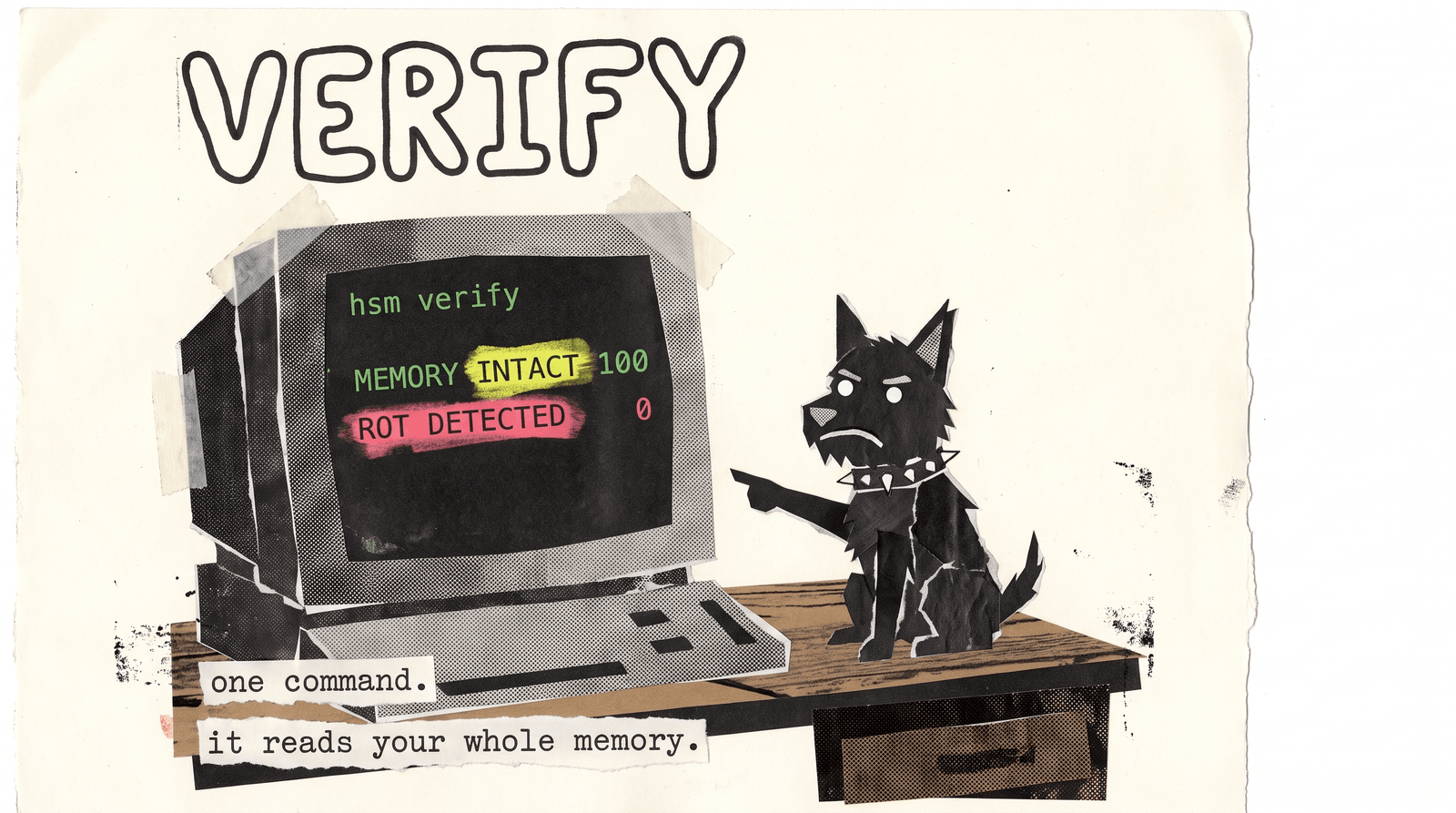 Rex the inspector running a verify pass over a ledger of notes.
