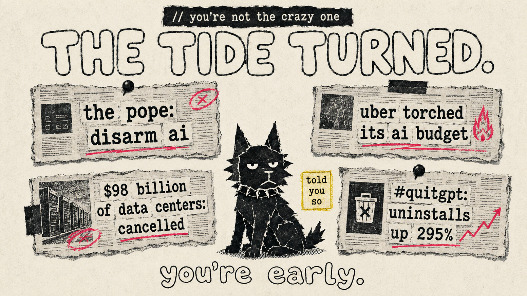 The tide turned. Four torn newspaper clippings pinned to paper: 'the pope: disarm ai', 'uber torched its ai budget', '$98 billion of data centers: cancelled', and '#quitgpt: uninstalls up 295%'. Rex the guard dog sits in the middle with a 'told you so' stamp. you're early.